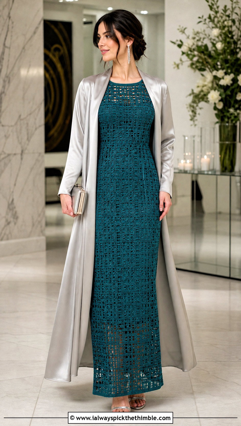 Filet Crochet Column Dress With Satin Coat - 20 elegant crochet dress outfit ideas