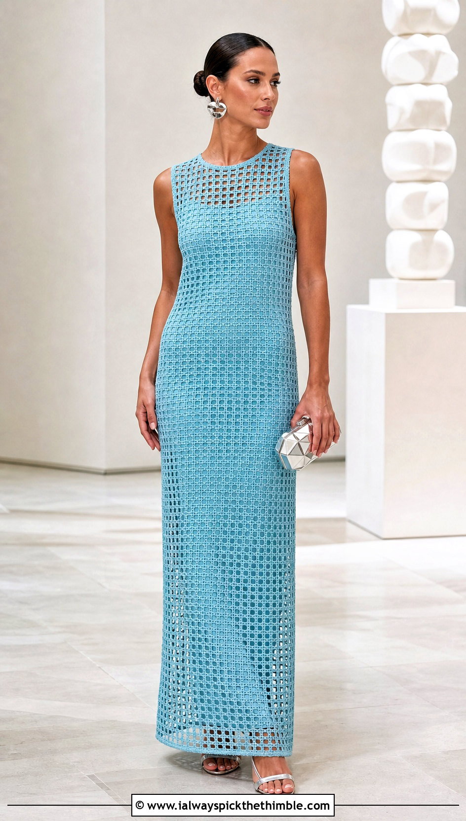 Filet Crochet Column Dress With Slip And Minimal Sandals - 25 crocheted dress outfit ideas