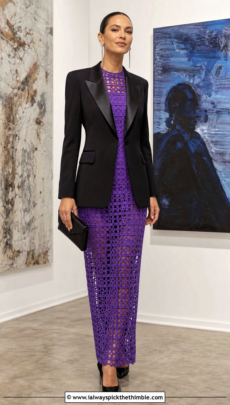 Filet Crochet Column Dress With Tuxedo Jacket - 20 fancy crochet dress outfit ideas