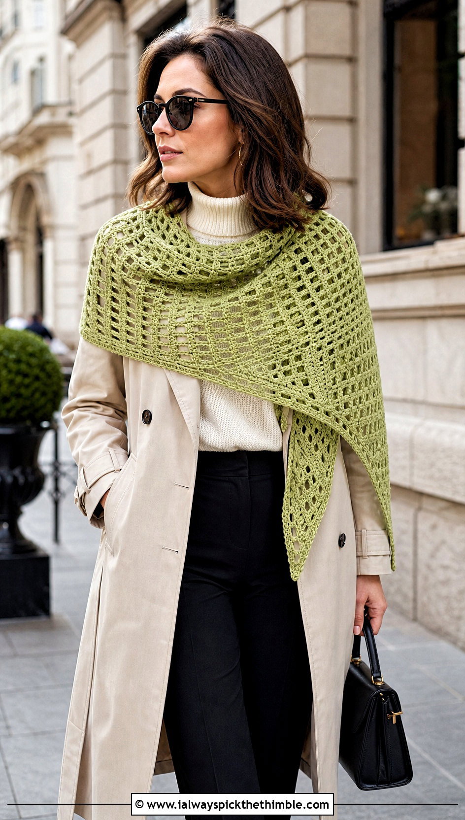 Filet Crochet Crescent Shawl With Trench Coat - 20 Crescent Crochet Shawl outfit ideas