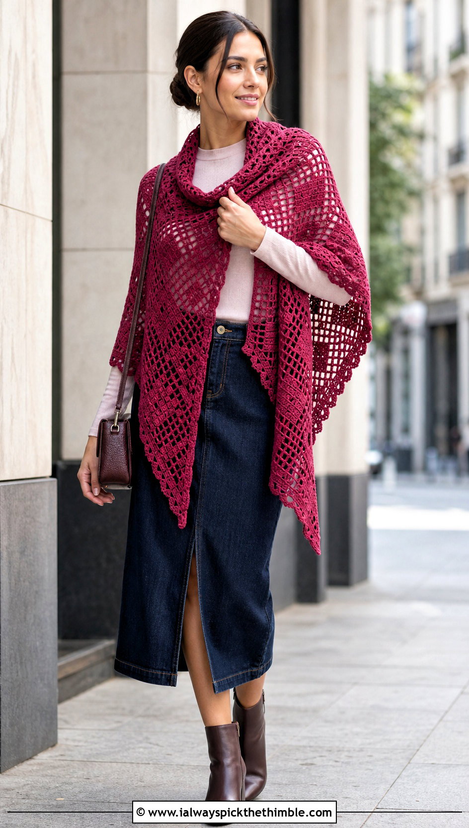 Filet Crochet DK Yarn Shawl With Denim Midi Skirt - 20 Crochet Shawl Dk Yarn outfit ideas