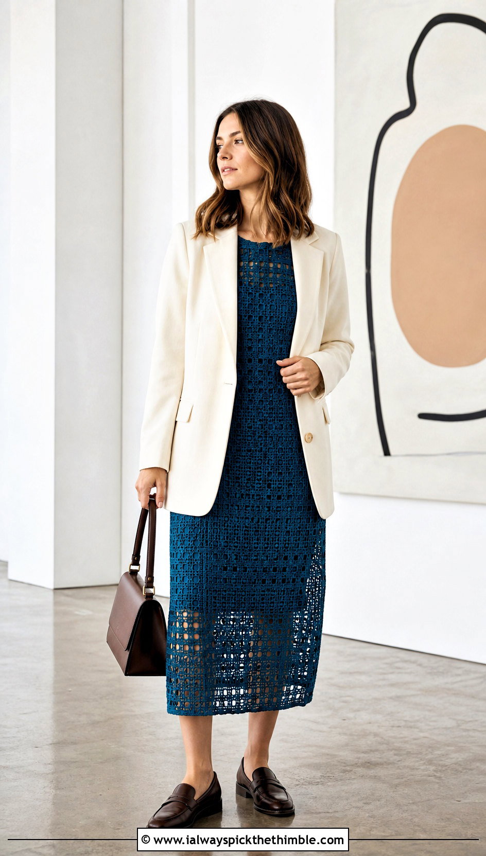 Filet Crochet Dress With Blazer And Loafers - 15 Crochet Stitches Clothes and outfit ideas