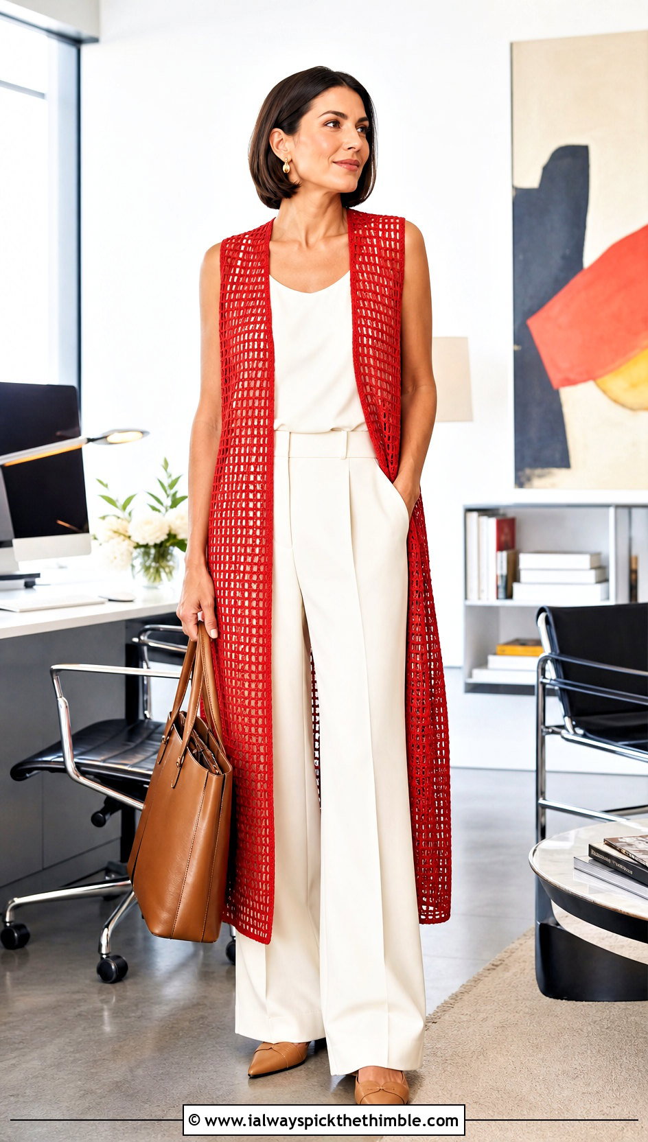 Filet Crochet Duster Vest With Tailored Trousers - 20 crochet duster vest outfit ideas