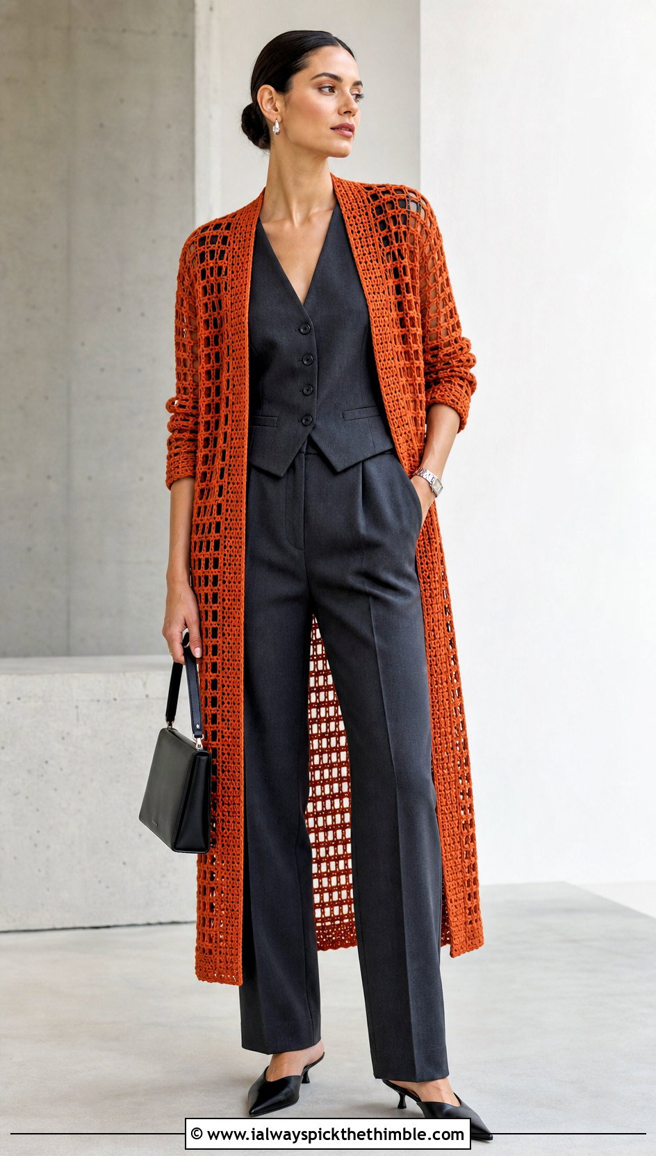Filet Crochet Duster With Tailored Vest And Trousers - 25 crochet long cardigan outfit ideas