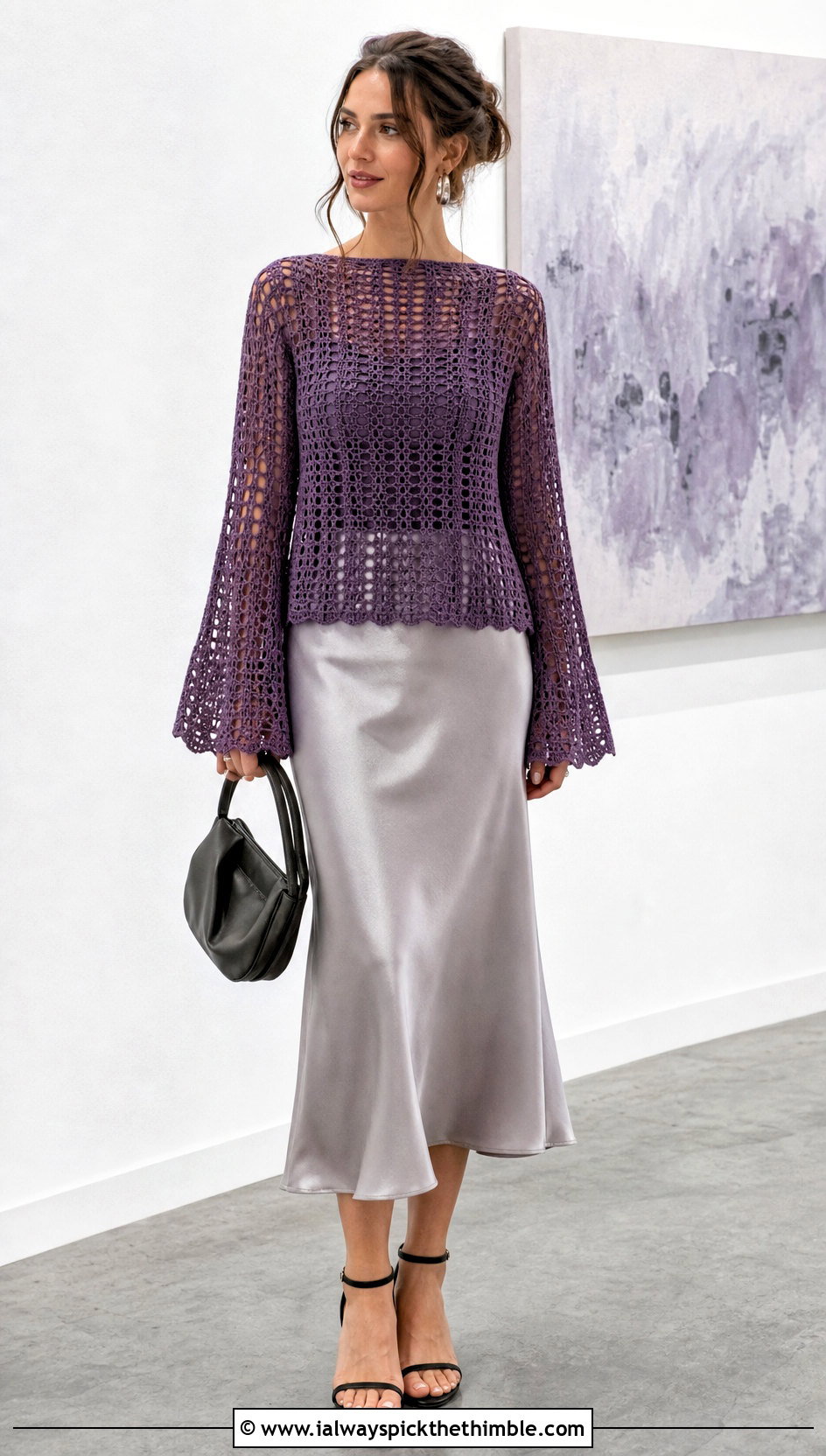 Filet Crochet Flare Sleeve Top With Satin Slip Skirt - 20 Crochet Top With Flare Sleeves outfit ideas