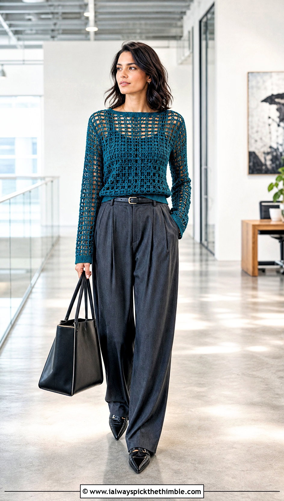 Filet Crochet Full Sleeve Top With Tailored Trousers - 25 crochet full sleeve top outfit ideas