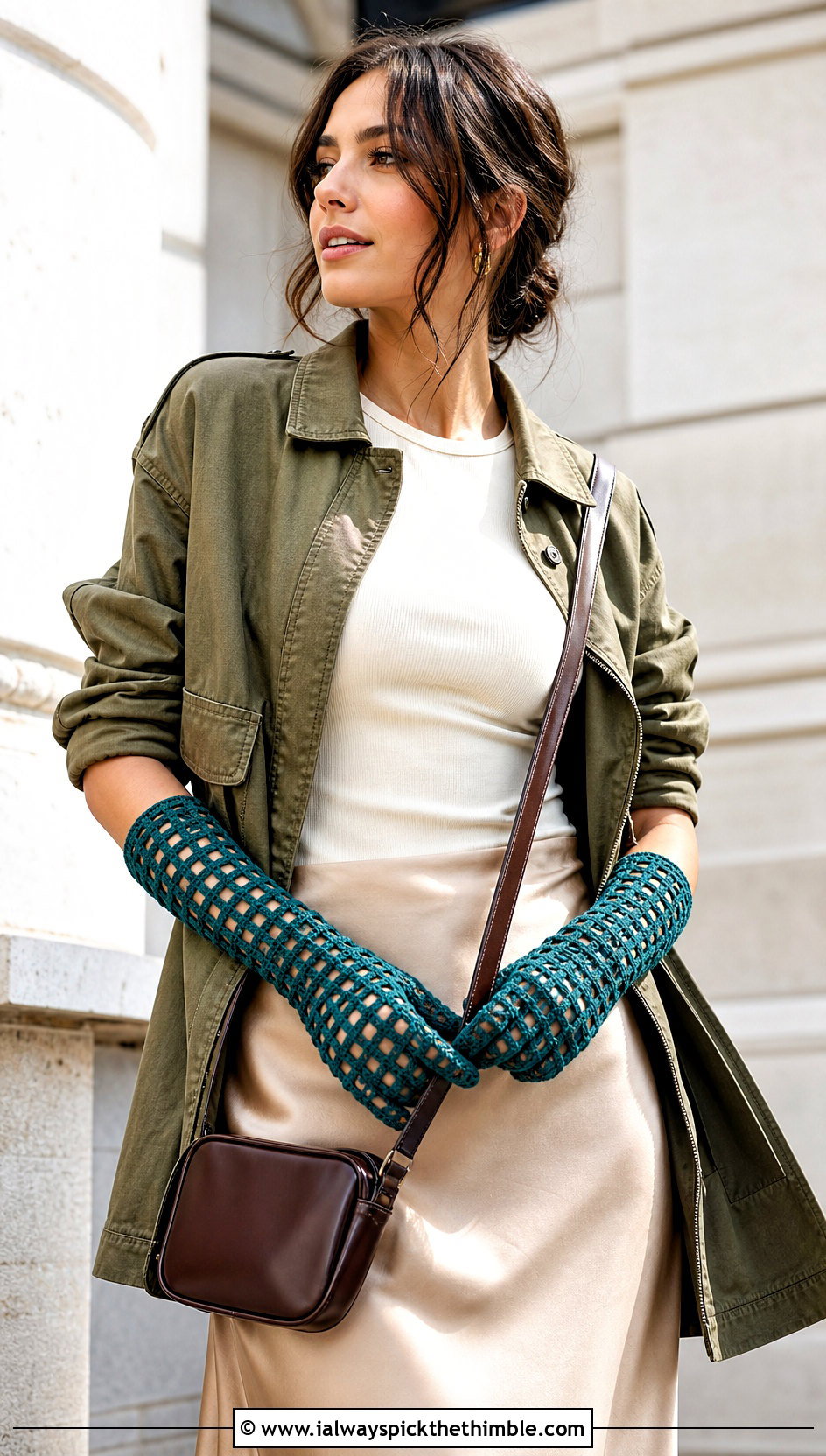 Filet Crochet Gloves With Utility Jacket And Satin Skirt - 15 Vintage Lace Crochet Gloves outfit ideas