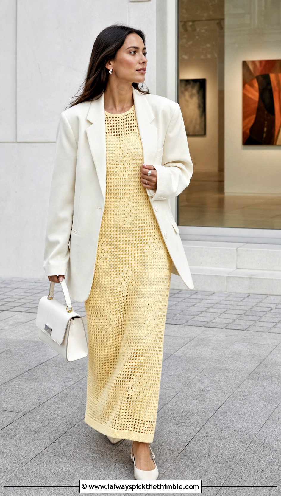 Filet Crochet Gown With Tailored Blazer - 25 crochet gown outfit ideas