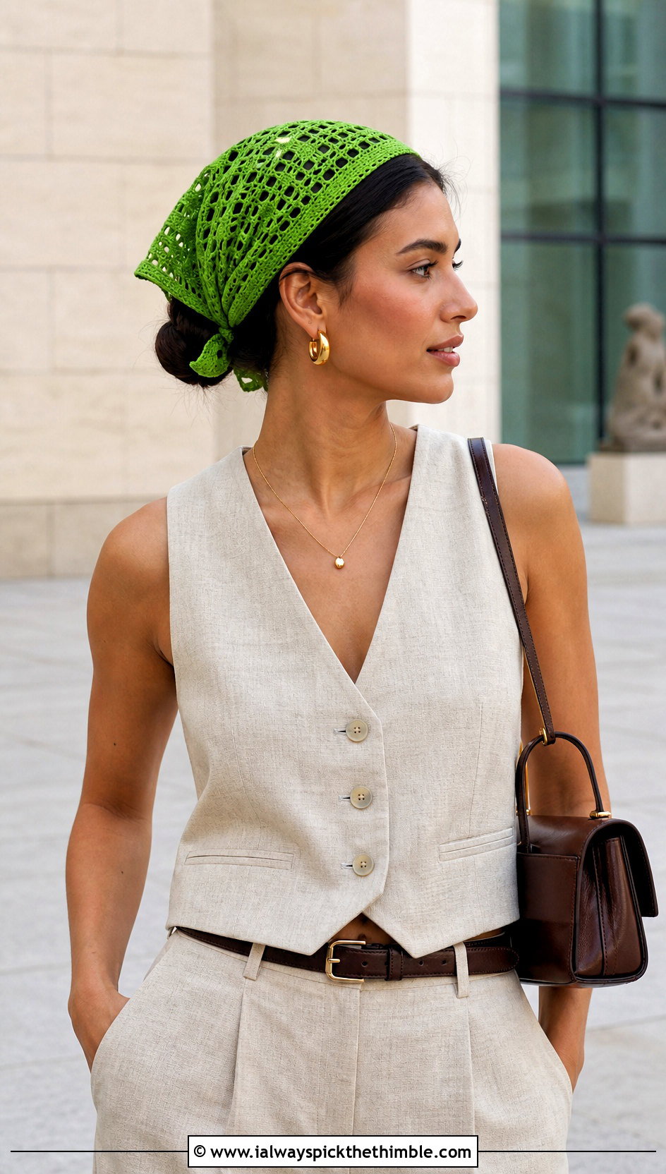 Filet Crochet Hair Scarf With Linen Vest And Trousers - 25 crochet hair scarf outfit ideas
