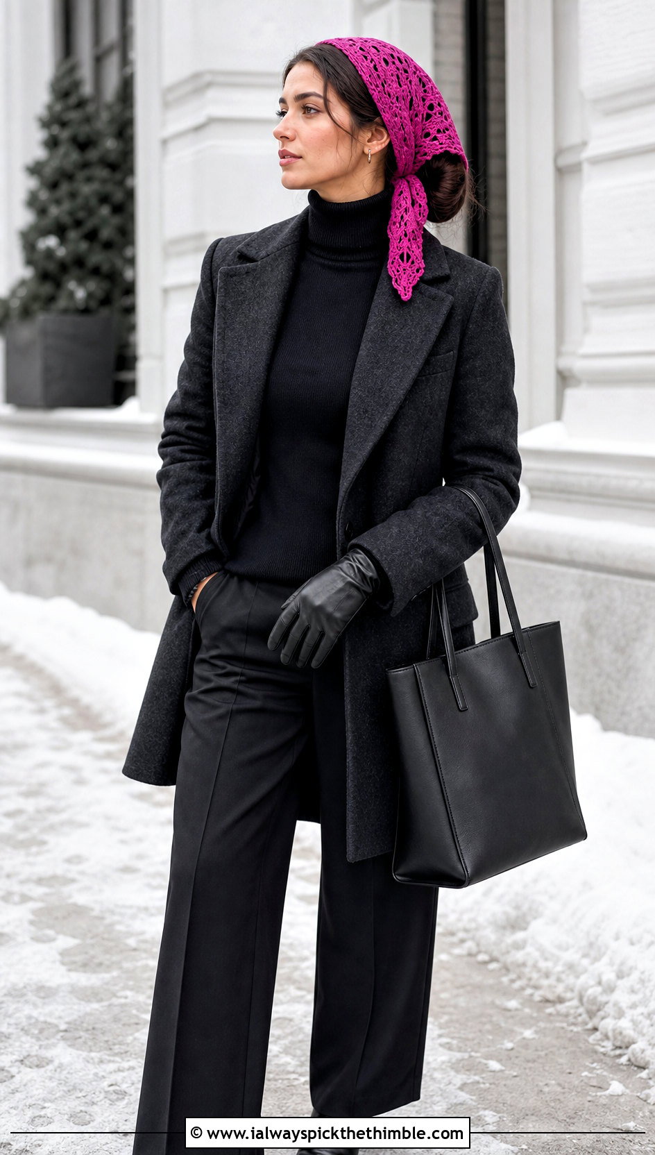 Filet Crochet Hair Wrap With Wool Coat And Turtleneck - 25 crochet hair wrap outfit ideas
