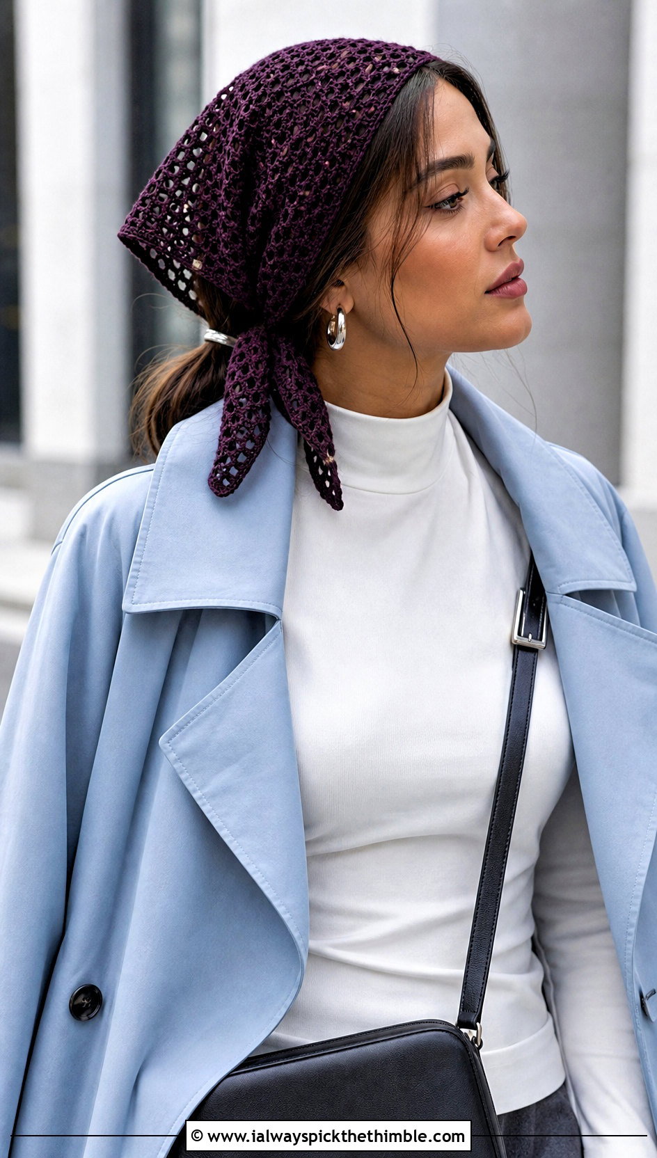 Filet Crochet Head Scarf With Trench Coat - 20 Crochet Boho Head Scarf outfit ideas