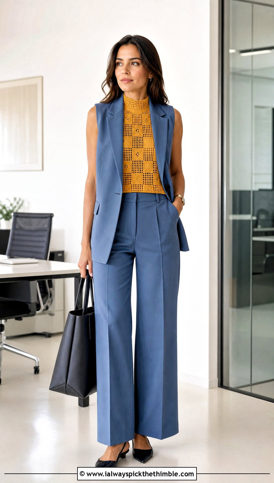 Filet Crochet High Neck Top With Tailored Vest Suit - 25 crochet high neck top outfit ideas