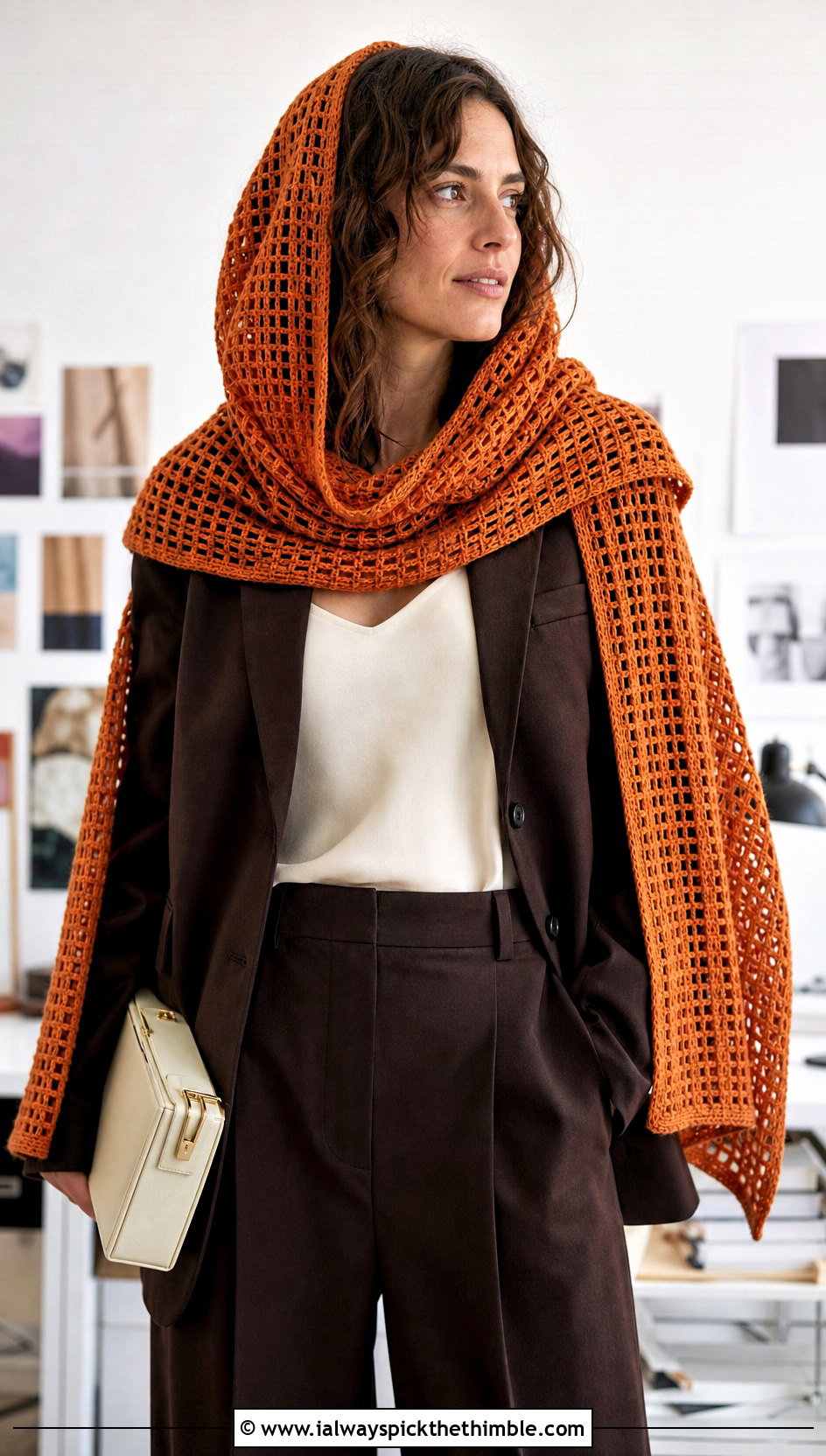 Filet Crochet Hooded Shawl With Monochrome Suit - 25 crochet hooded shawl outfit ideas