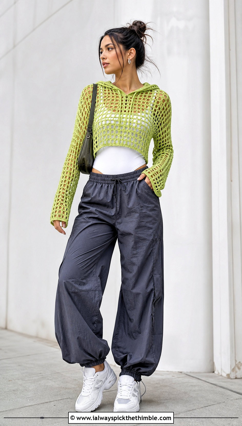 Filet Crochet Hooded Top With Parachute Pants - 25 fillet crochet top outfit ideas