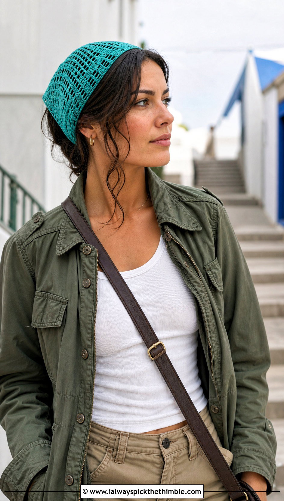 Filet Crochet Kerchief With Utility Jacket And Cargo Pants - 20 crochet head wrap outfit ideas