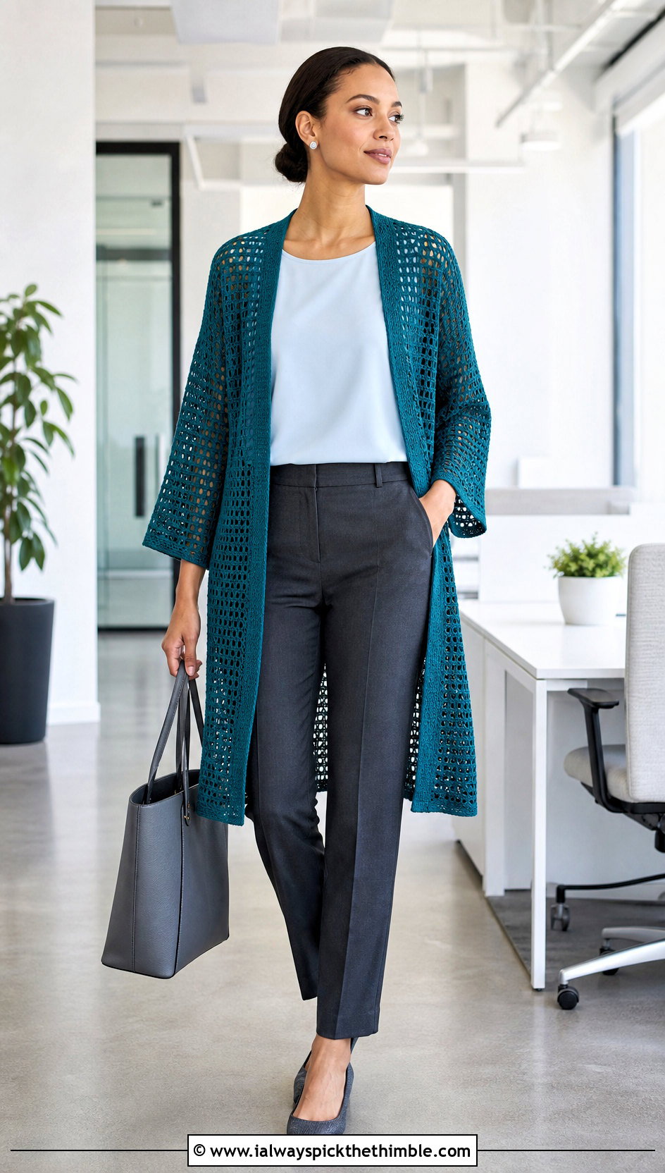 Filet Crochet Kimono Cardigan With Tailored Trousers - 25 crochet kimono cardigan outfit ideas