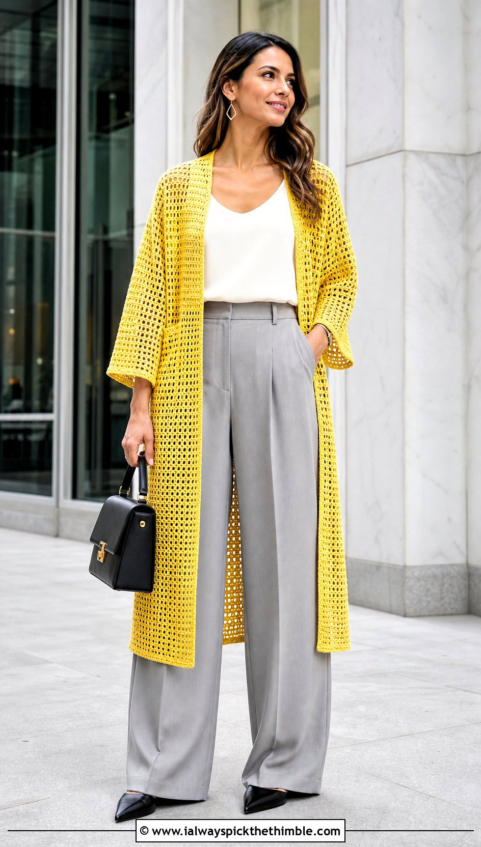 Filet Crochet Kimono With Wide Leg Trousers - 25 crochet kimono outfit ideas