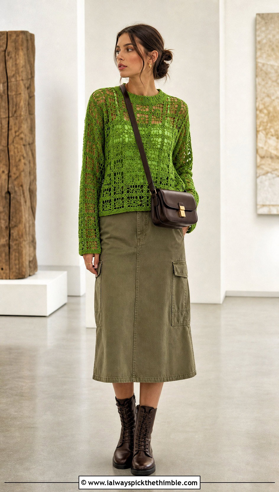 Filet Crochet Knit Sweater With Utility Midi Skirt - 25 Crochet Knit Sweater outfit ideas