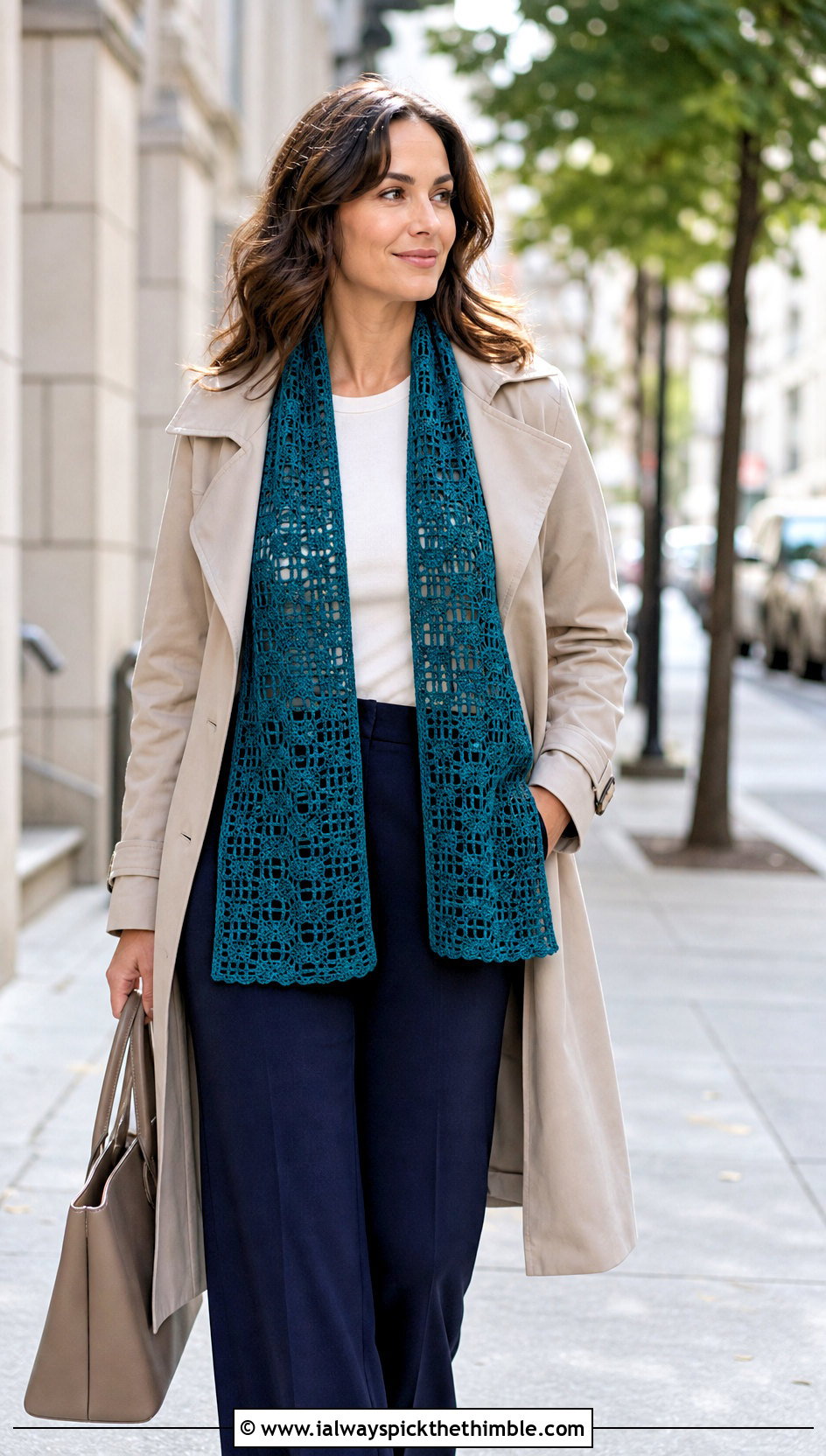Filet Crochet Lace Scarf With Trench Coat And Wide Leg Pants - 25 crochet lace scarf outfit ideas