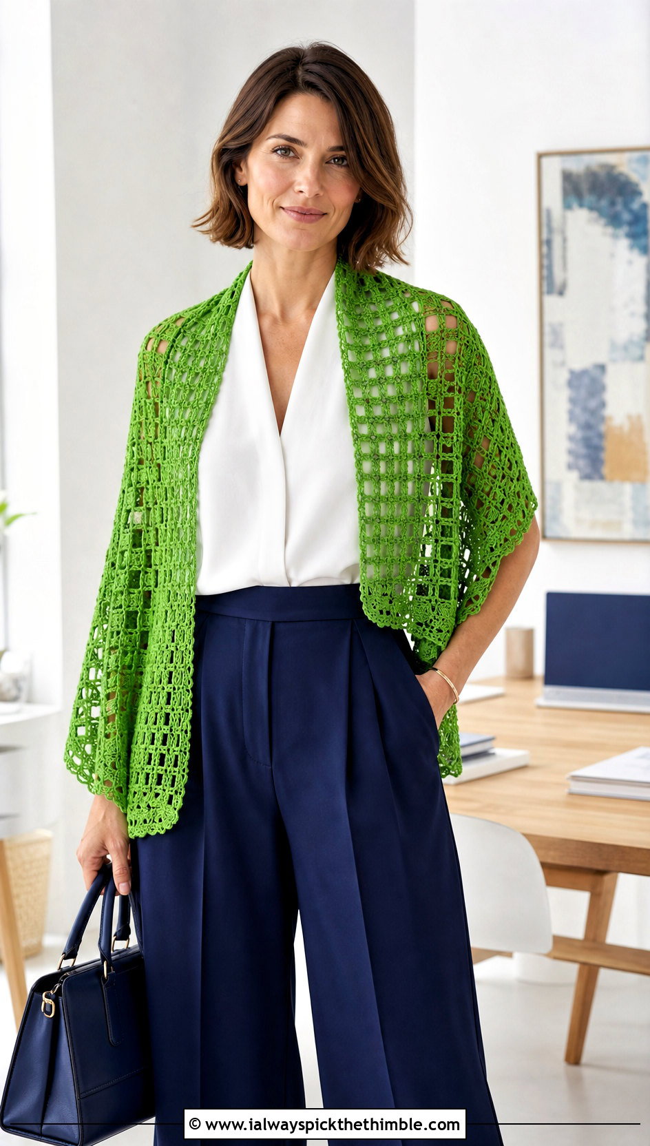 Filet Crochet Lace Shawl With Wide Leg Trousers - 20 easy crochet lace shawl outfit ideas