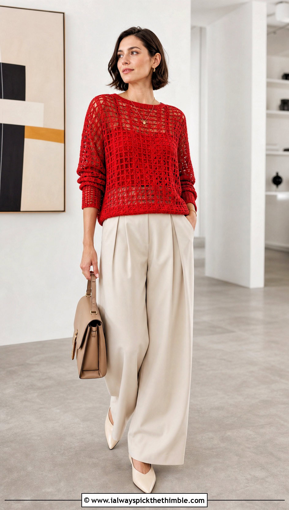 Filet Crochet Light Sweater With Pleated Trousers - 25 crochet light sweater outfit ideas