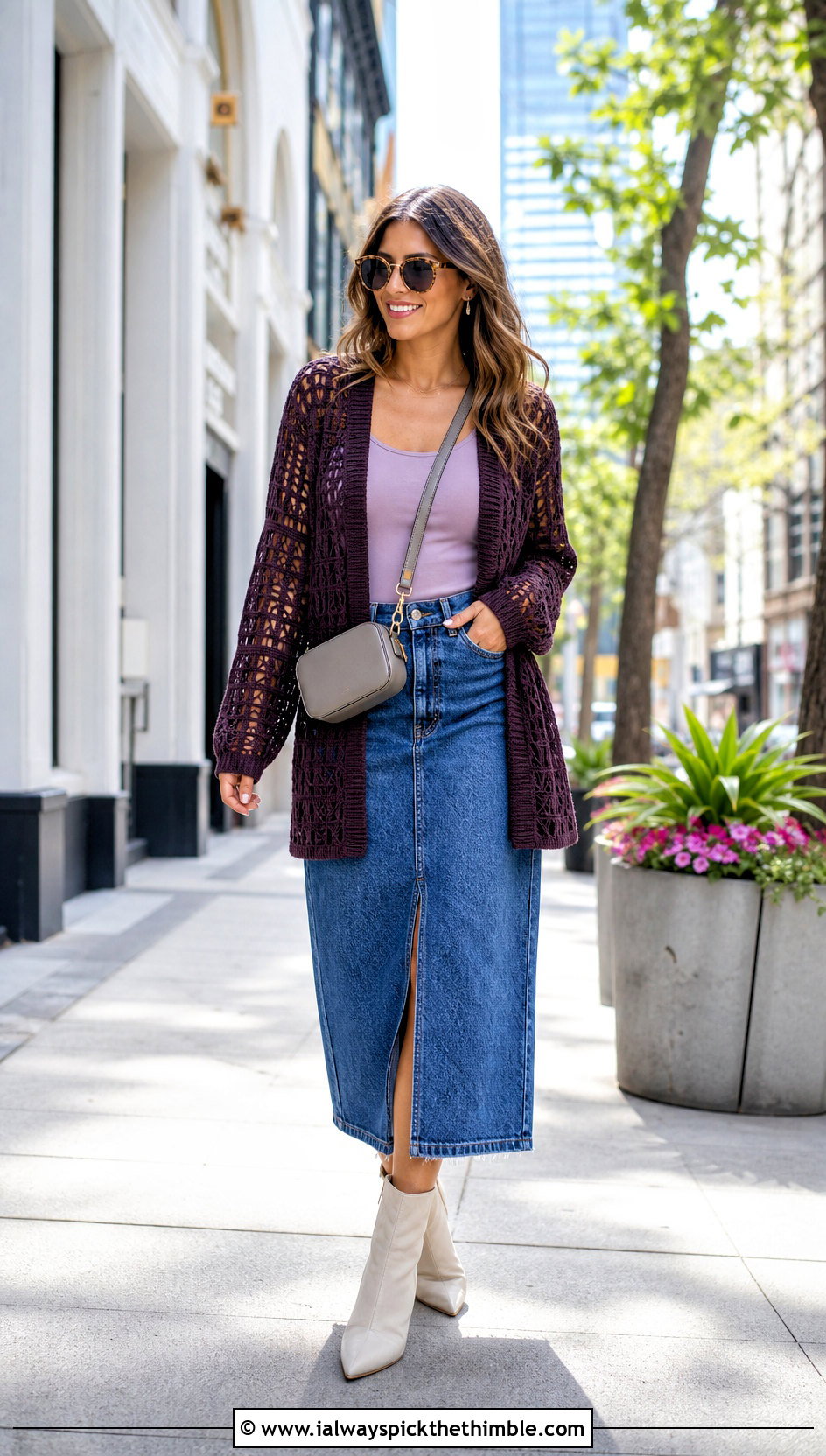Filet Crochet Lightweight Cardigan With Denim Midi Skirt - 20 Crochet Lightweight Cardigan outfit ideas