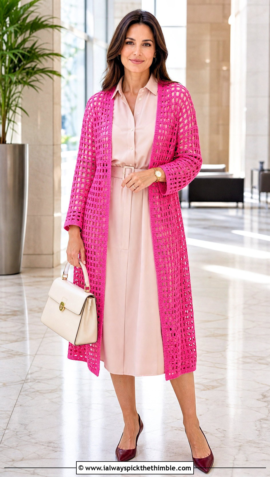 Filet Crochet Long Cardigan With Shirt Dress - 20 long crochet cardigan outfit ideas