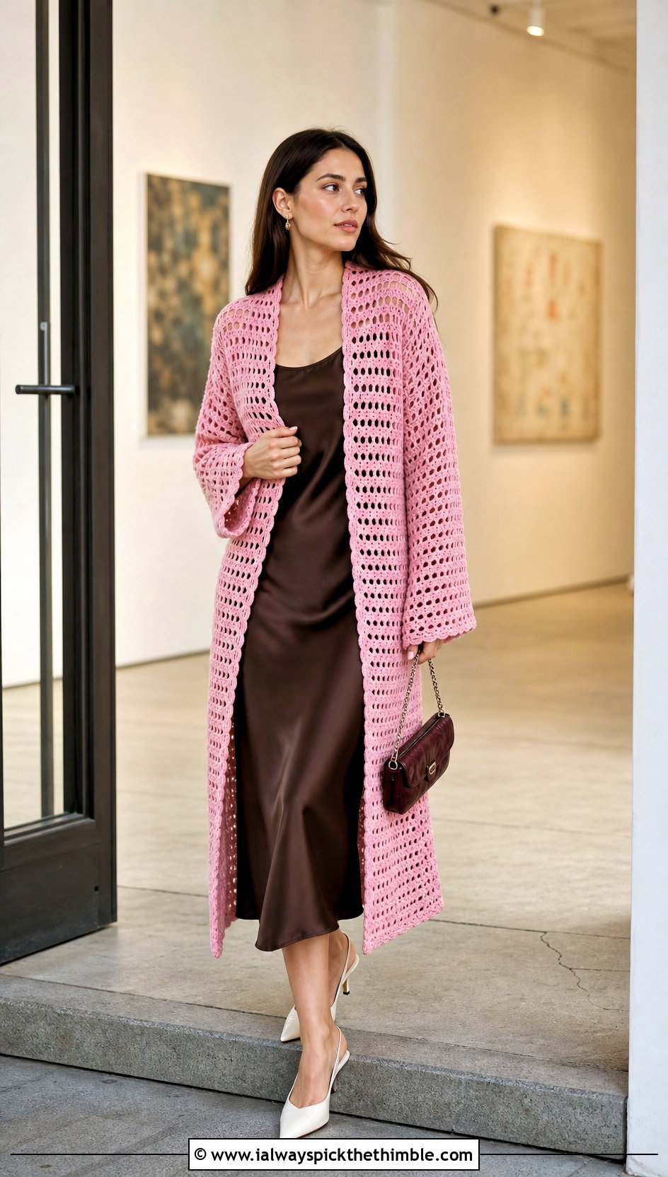 Filet Crochet Long Coat With Slip Dress - 25 crochet long coat outfit ideas