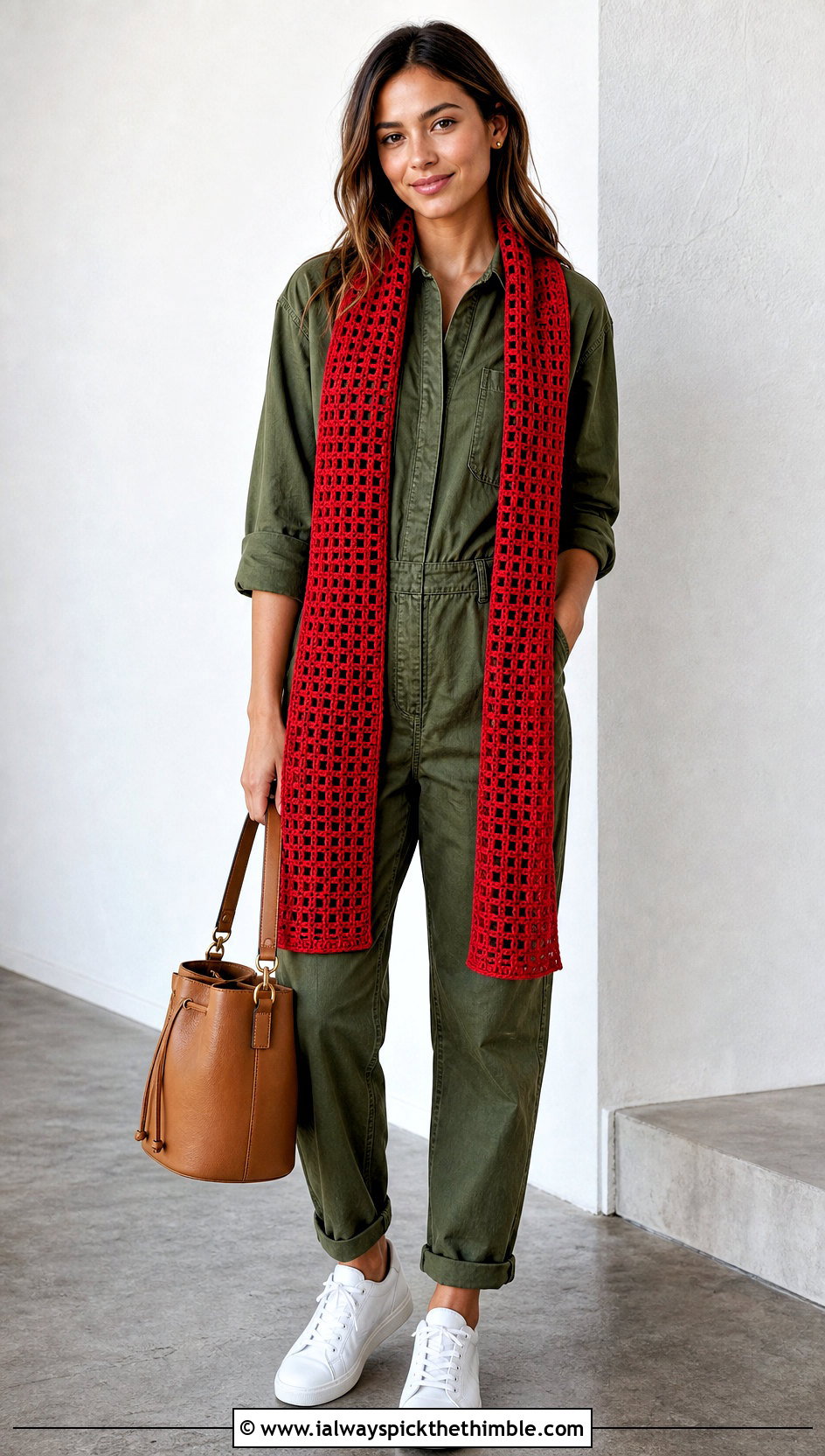 Filet Crochet Long Scarf With Utility Jumpsuit - 20 Crochet Long Scarf outfit ideas