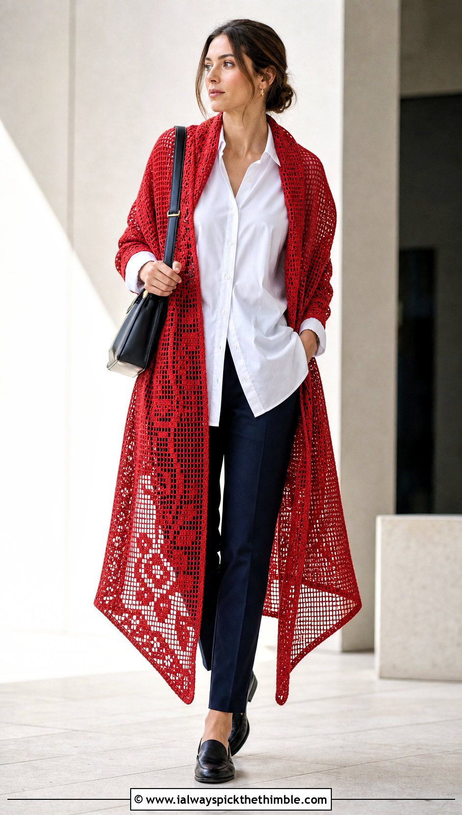 Filet Crochet Long Shawl With White Shirt - 20 Crochet Long Shawl outfit ideas