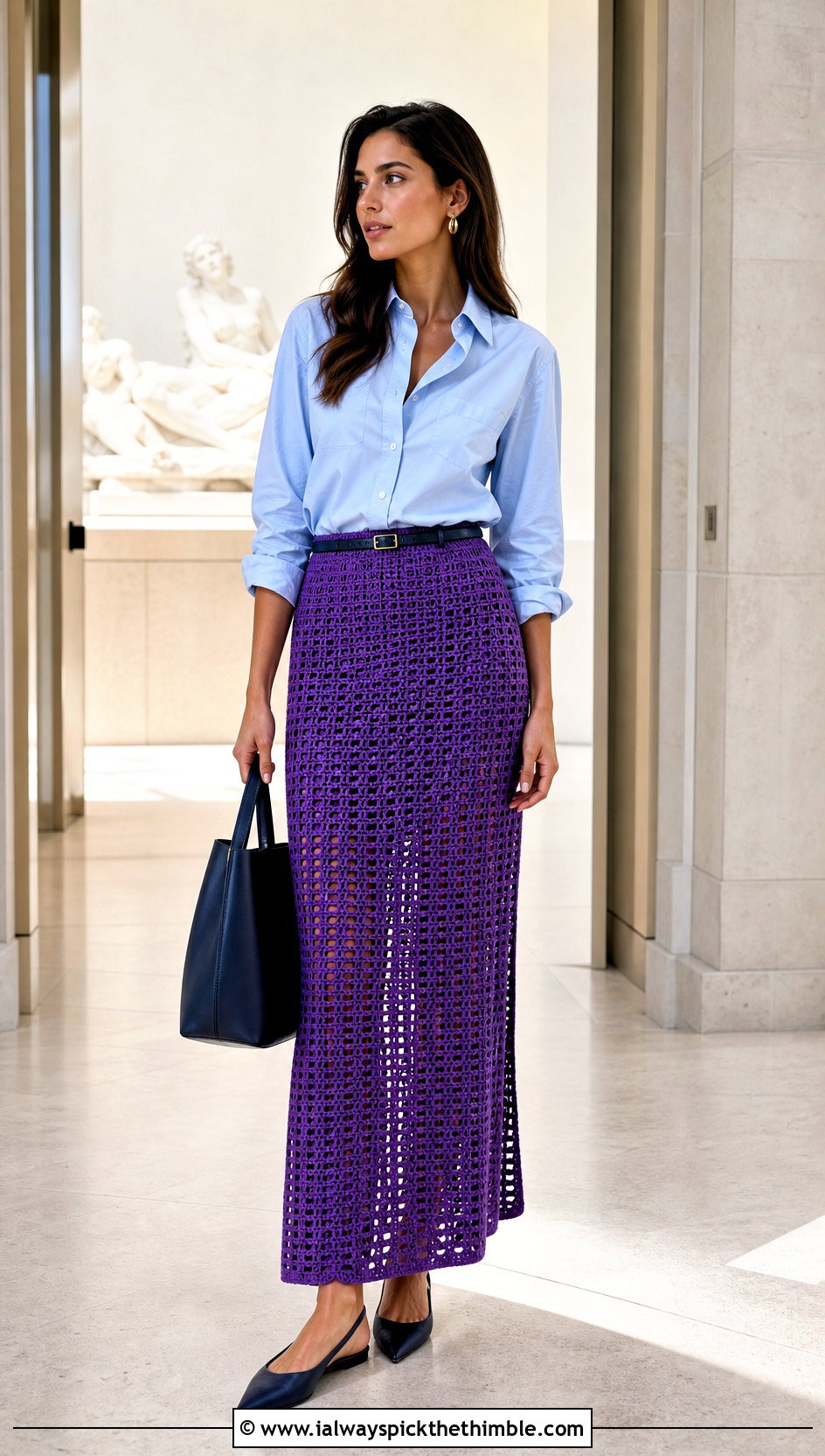 Filet Crochet Long Skirt With Button Down Shirt - 15 Crochet Long Skirt Aesthetic outfit ideas