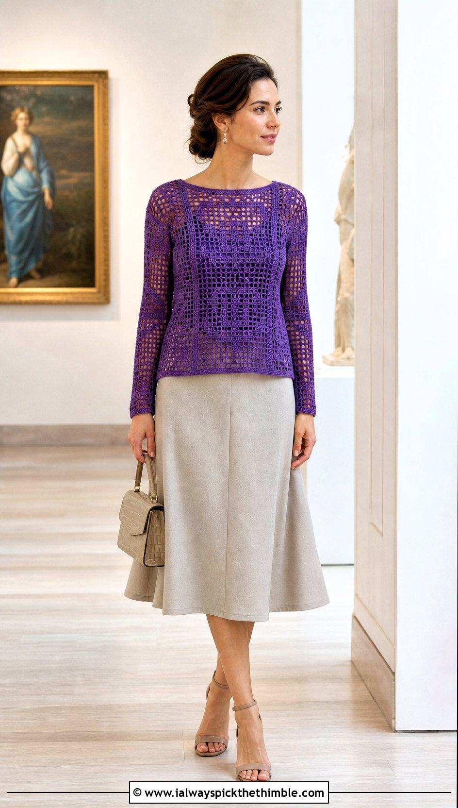 Filet Crochet Long Sleeve Top With A Line Midi Skirt - 20 Easy Crochet Long Sleeve Top outfit ideas