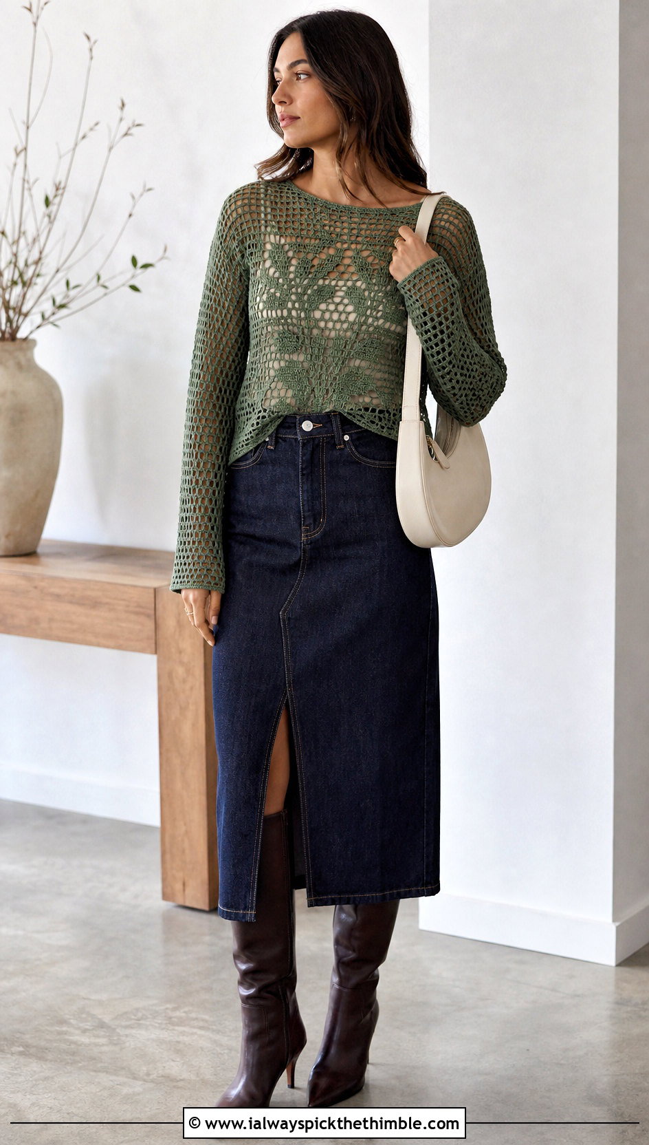 Filet Crochet Long Sleeve Top With Denim Midi Skirt - 20 long sleeve crochet top outfit ideas