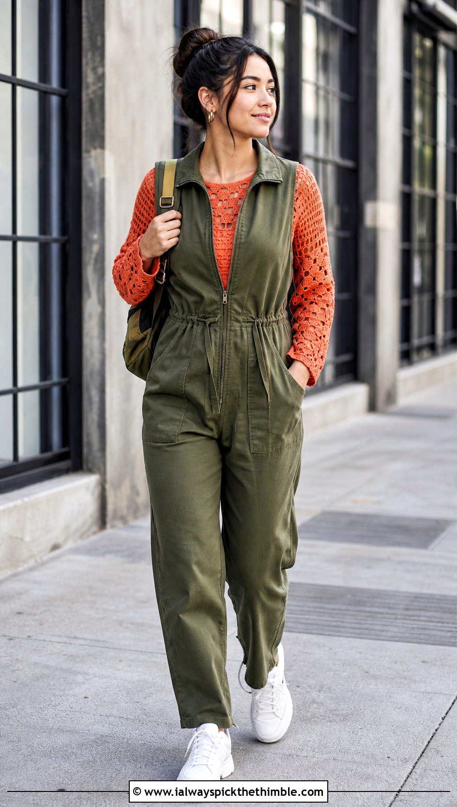 Filet Crochet Long Sleeve Top With Utility Jumpsuit - 25 crochet top with sleeves outfit ideas