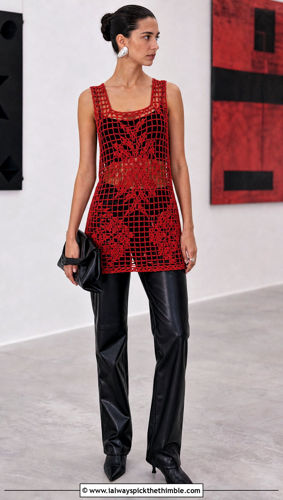 Filet Crochet Long Tank Top With Leather Pants - 20 Crochet Long Tank Top outfit ideas