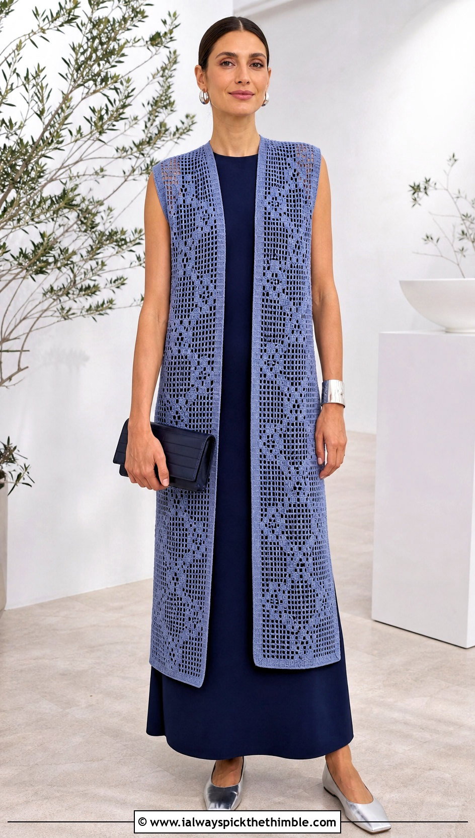 Filet Crochet Long Vest With Column Dress - 20 Easy Crochet Long Vest outfit ideas