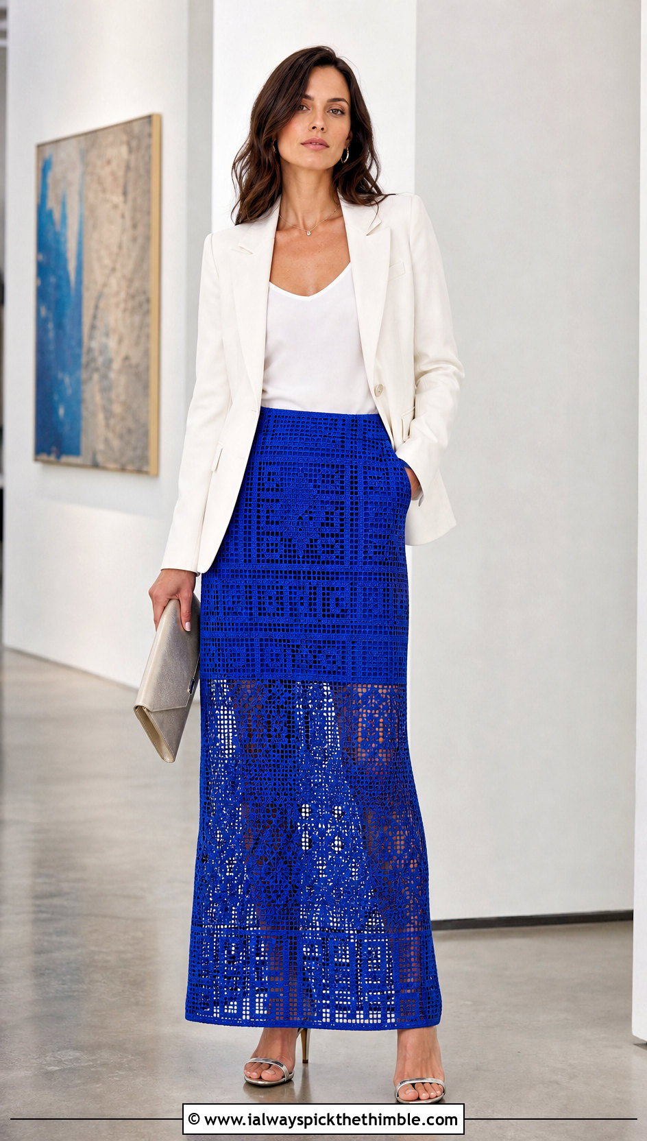 Filet Crochet Maxi Skirt With Blazer And Heeled Sandals - 20 Simple Crochet Skirt outfit ideas