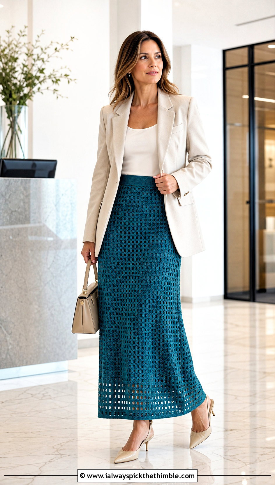 Filet Crochet Maxi Skirt With Tailored Blazer - 25 long crochet skirt outfit ideas