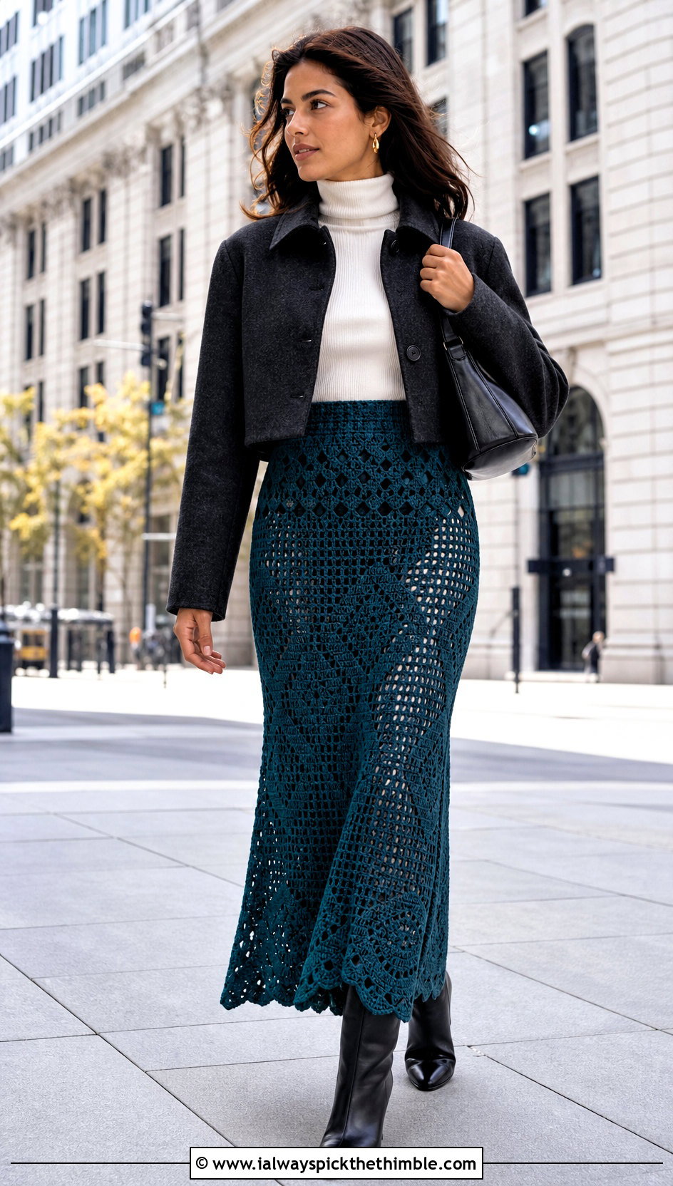 Filet Crochet Maxi Skirt With Turtleneck - 25 easy crochet skirt outfit ideas