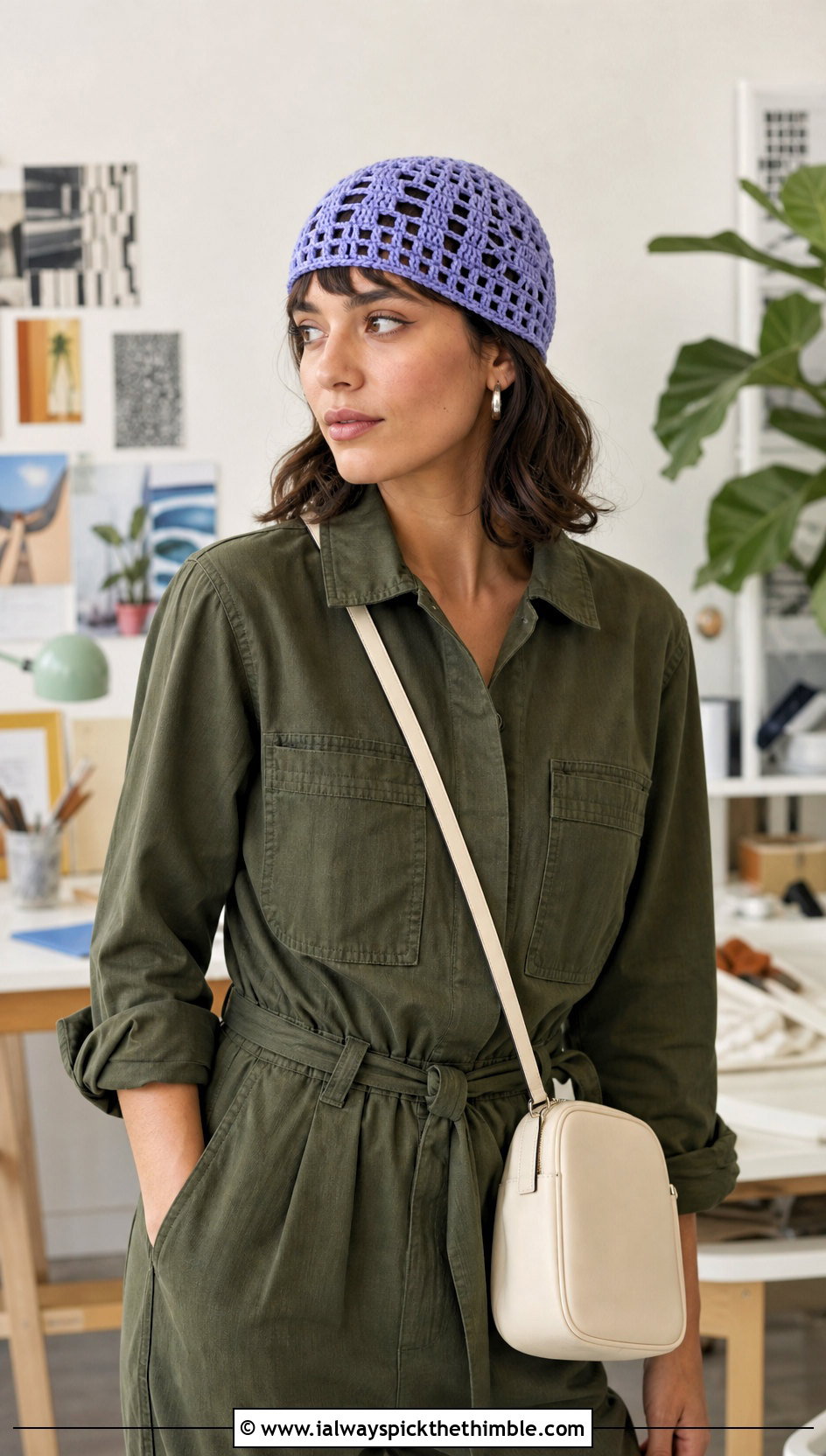 Filet Crochet Mesh Cap With Utility Jumpsuit - 25 crochet mesh hat outfit ideas