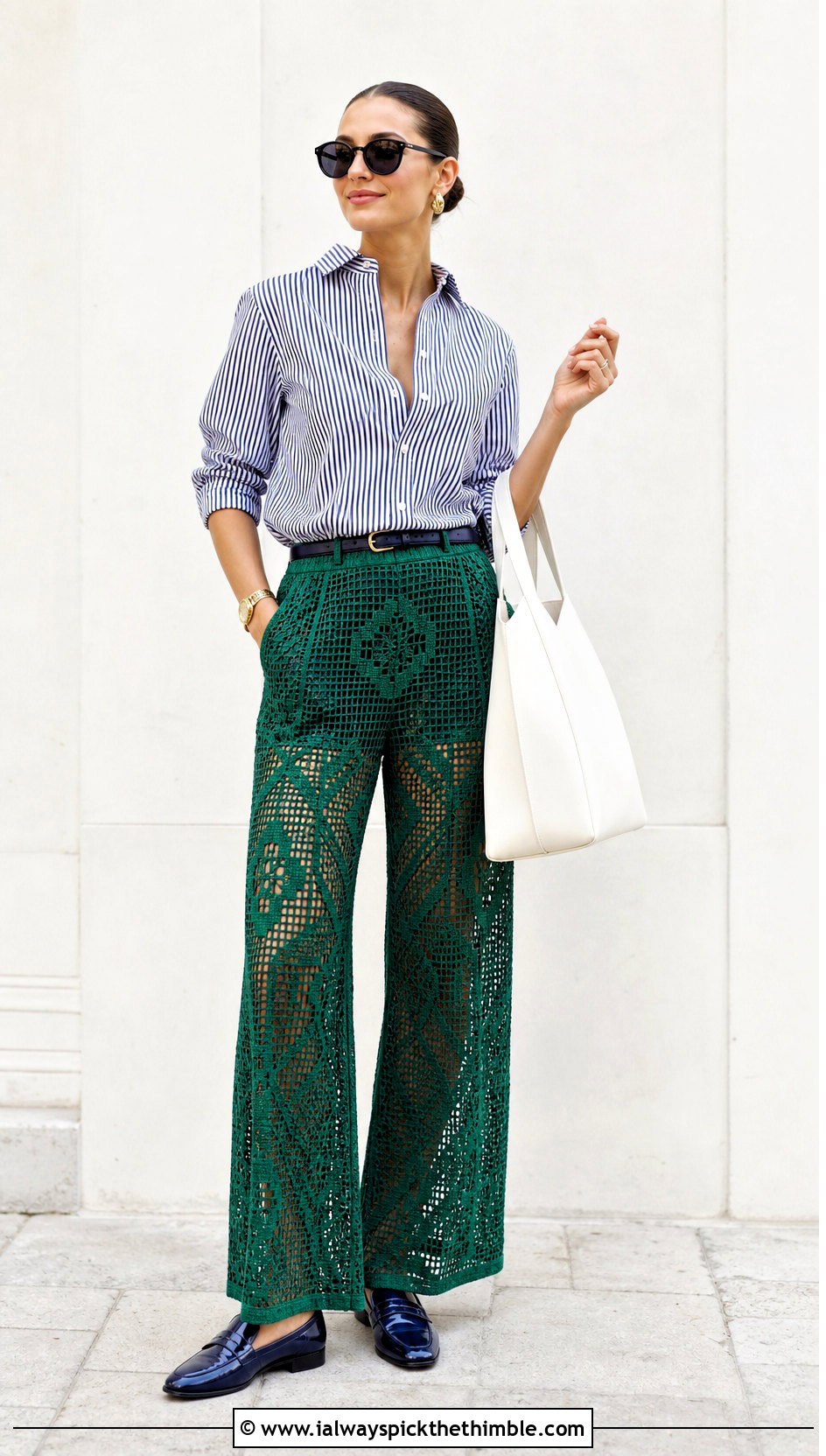 Filet Crochet Mesh Pants With Striped Shirt - 25 crochet mesh pants outfit ideas