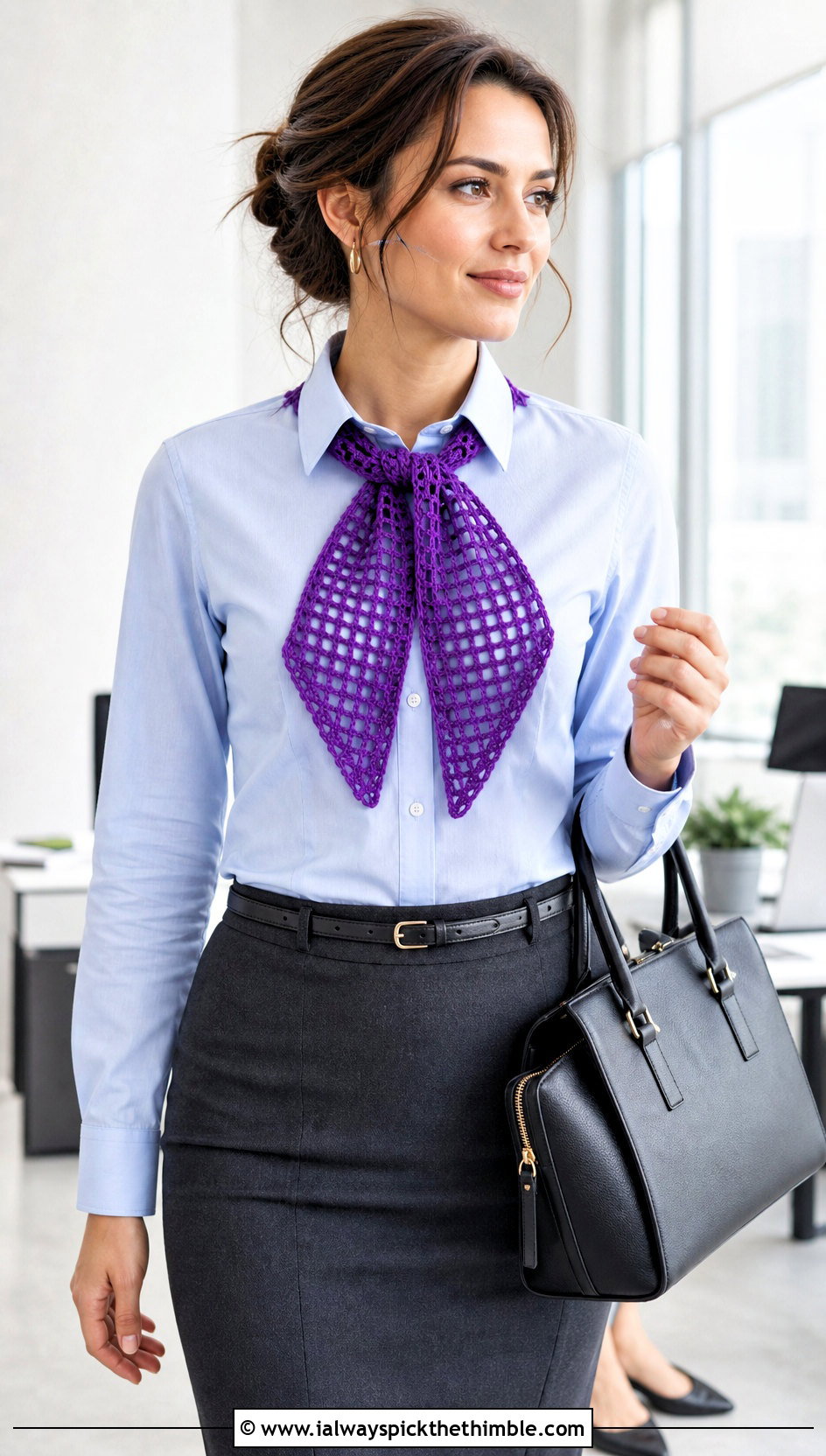 Filet Crochet Mesh Scarf With Button Down Shirt And Pencil Skirt - 20 Crochet Mesh Scarf outfit ideas