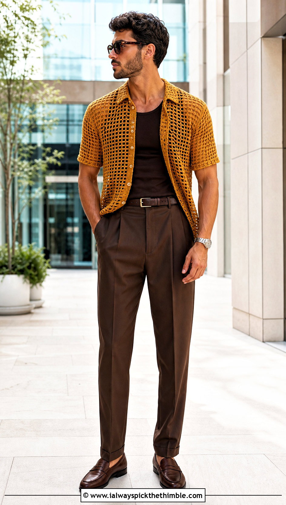 Filet Crochet Mesh Shirt With Double Pleated Trousers - 20 Men Crochet Mesh Shirt outfit ideas