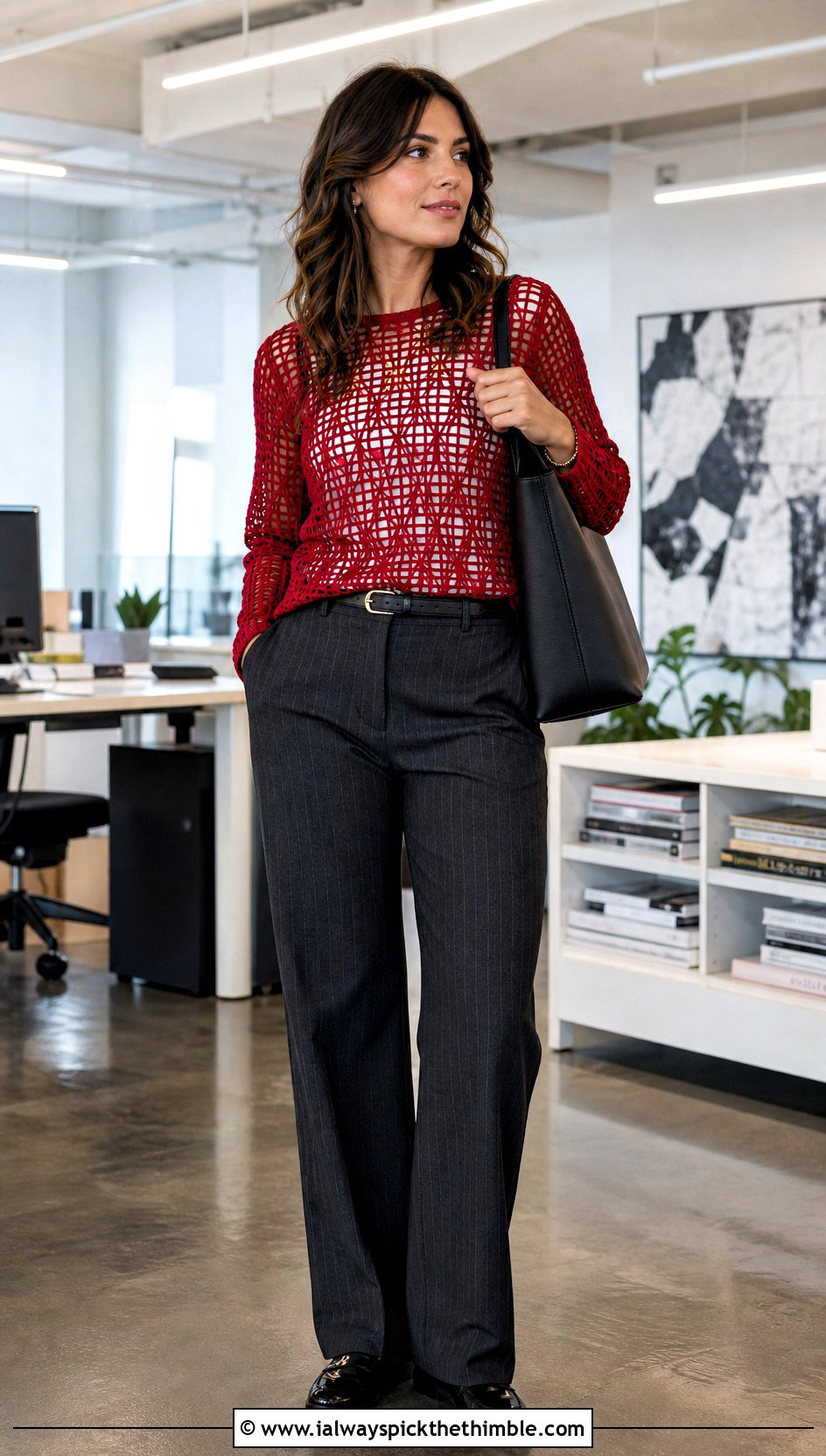 Filet Crochet Mesh Sweater With Pinstripe Trousers - 25 crochet mesh sweater outfit ideas