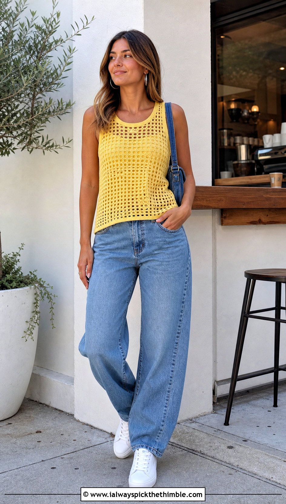 Filet Crochet Mesh Tank With Barrel Jeans - 25 fillet crochet top outfit ideas