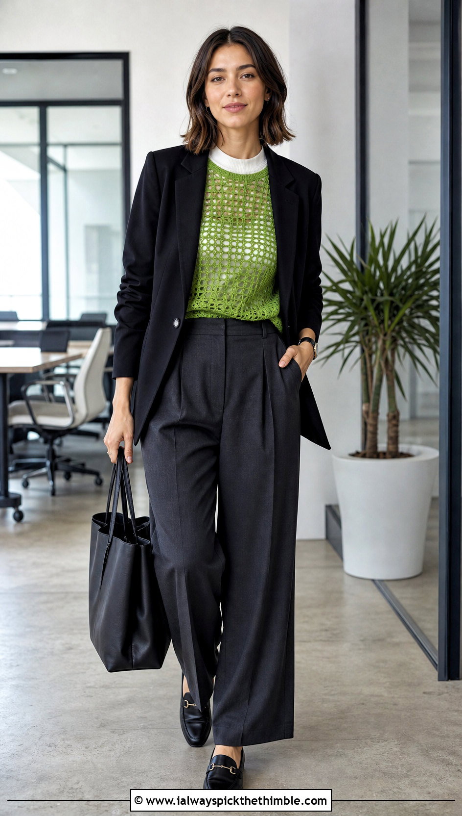Filet Crochet Mesh Top With Tailored Trousers - 25 crochet mesh top outfit ideas