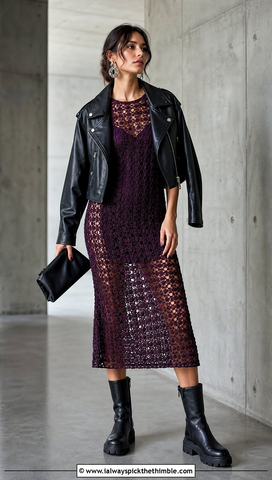 Filet Crochet Midi Dress With Biker Jacket - 20 Edgy Crochet Clothes and outfit ideas