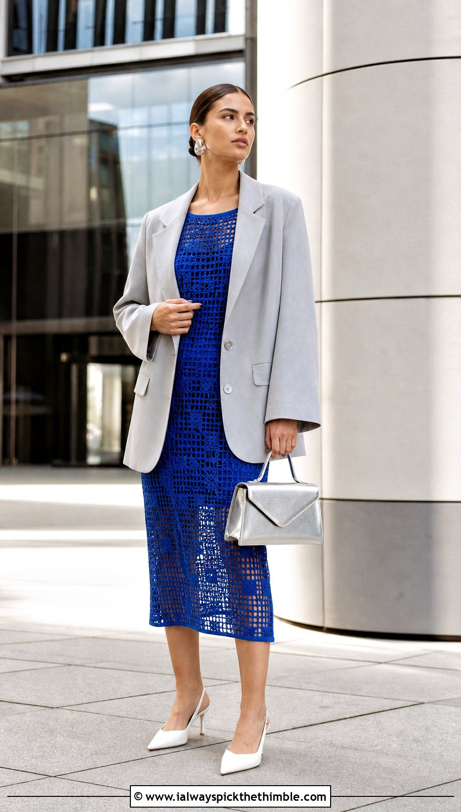 Filet Crochet Midi Dress With Blazer - 20 Crochet Thread Dress outfit ideas