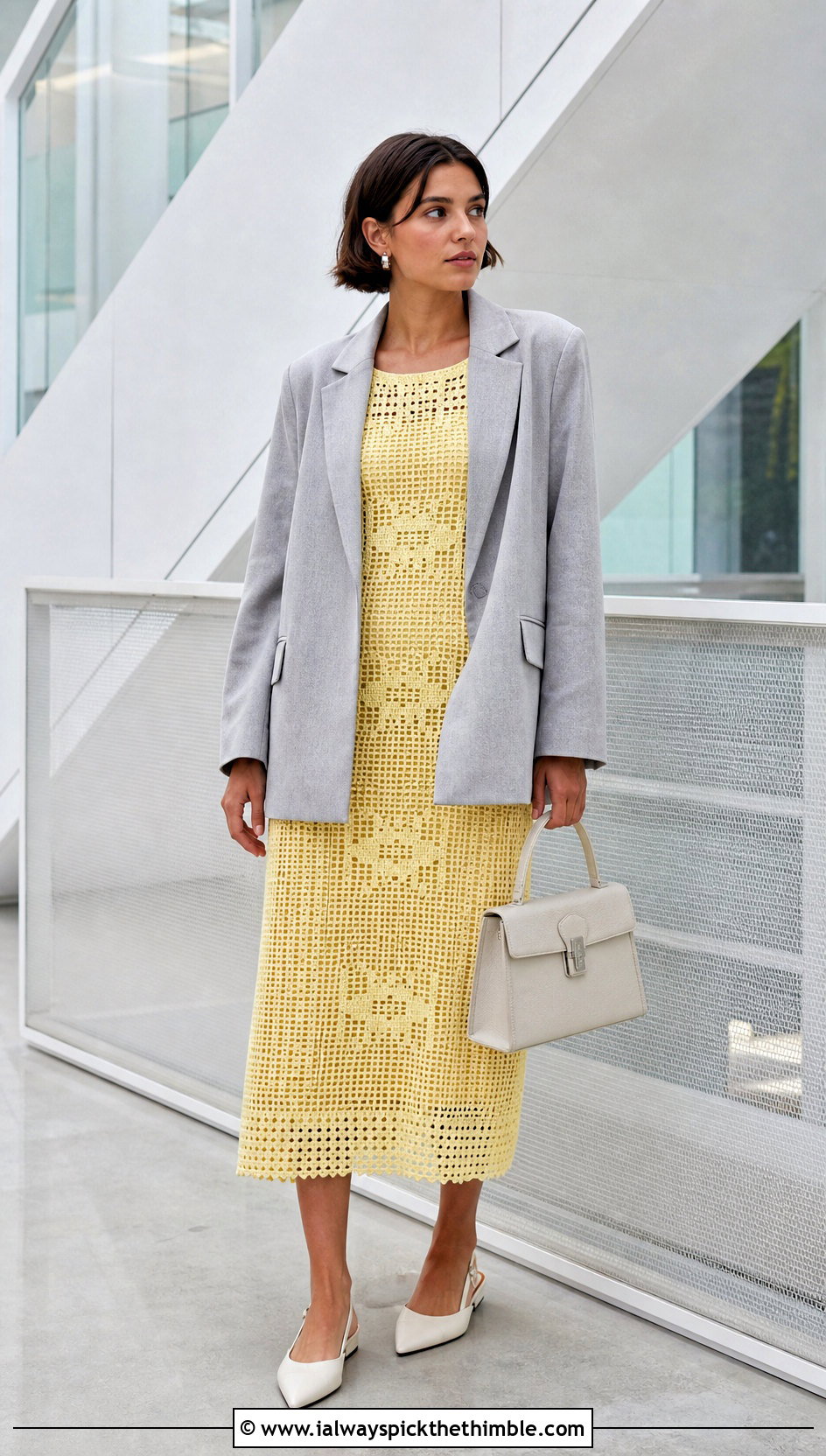 Filet Crochet Midi Dress With Tailored Blazer - 15 handmade crochet dress ideas