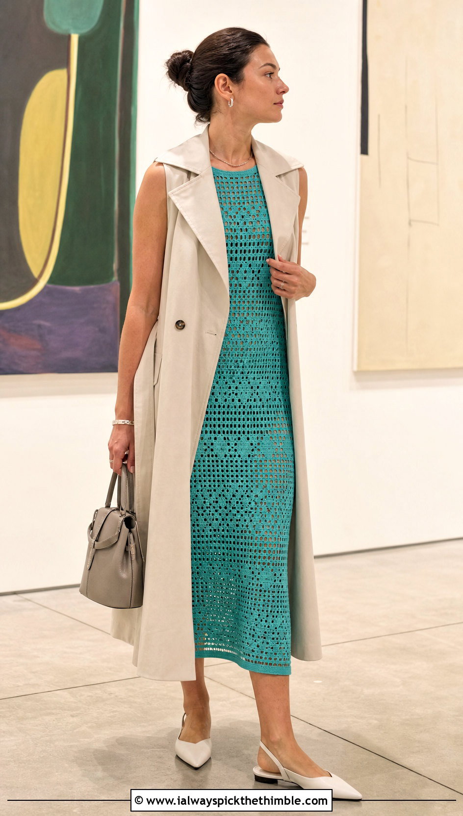 Filet Crochet Midi Dress With Trench Vest - 20 crochet summer dresses outfit ideas